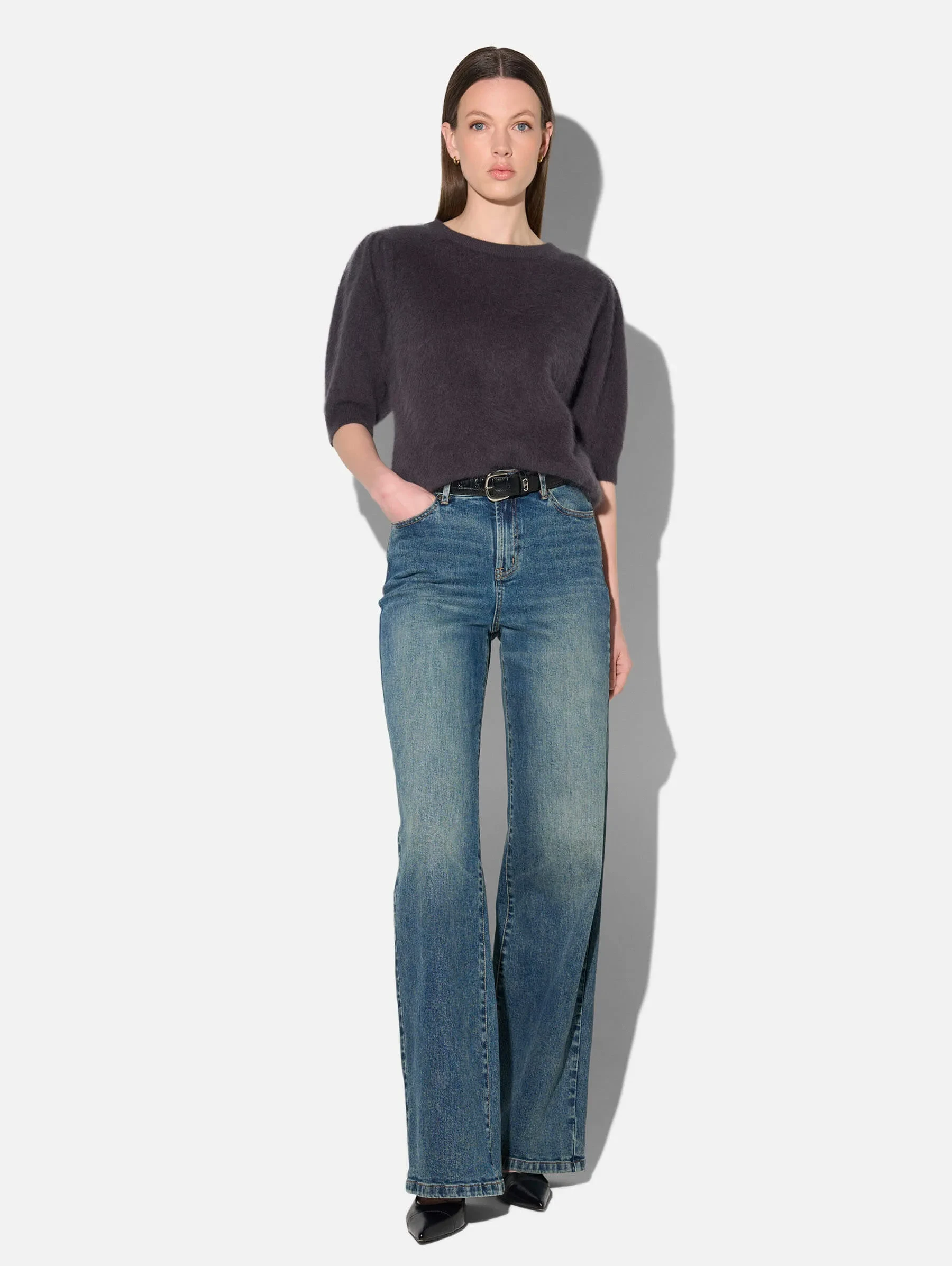 Dames Trui Ronde Hals Pofmouw Gebrushed Merino Wol Peyton Grijs
