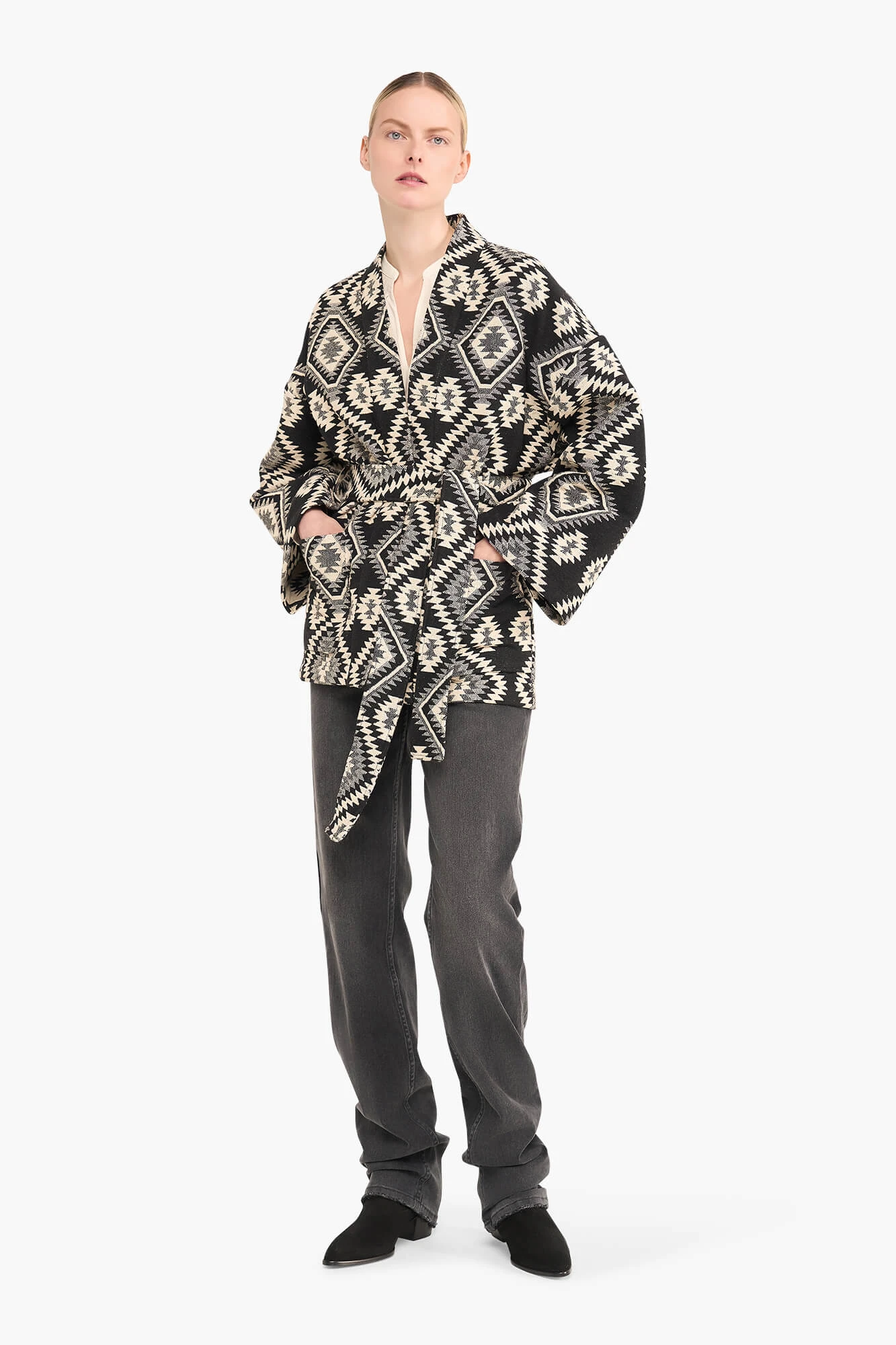 Kimono Dames Jacquard Preston Aztec Zwart