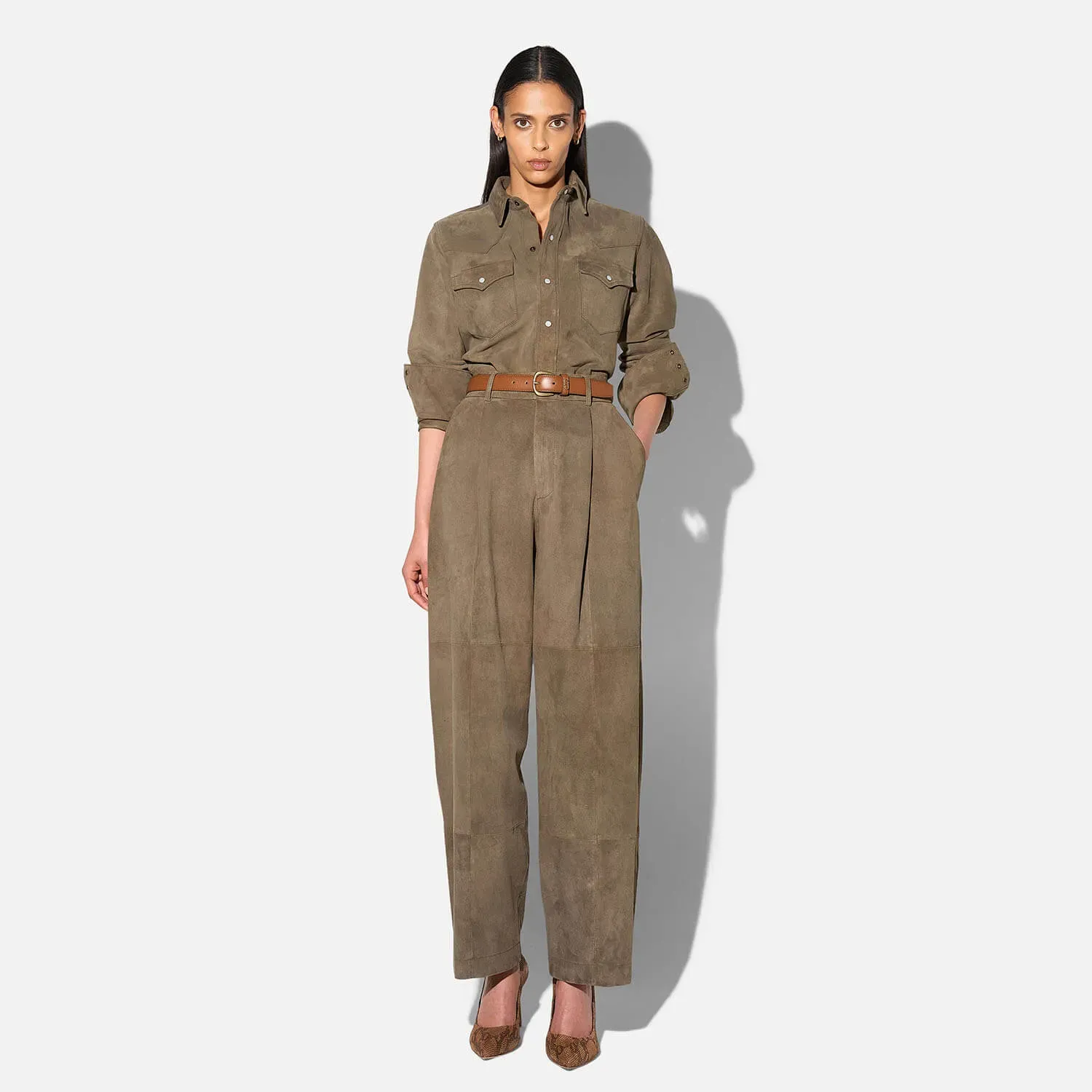 Leren Dames Broek Steekzakken Barrel Balti Groen Suede